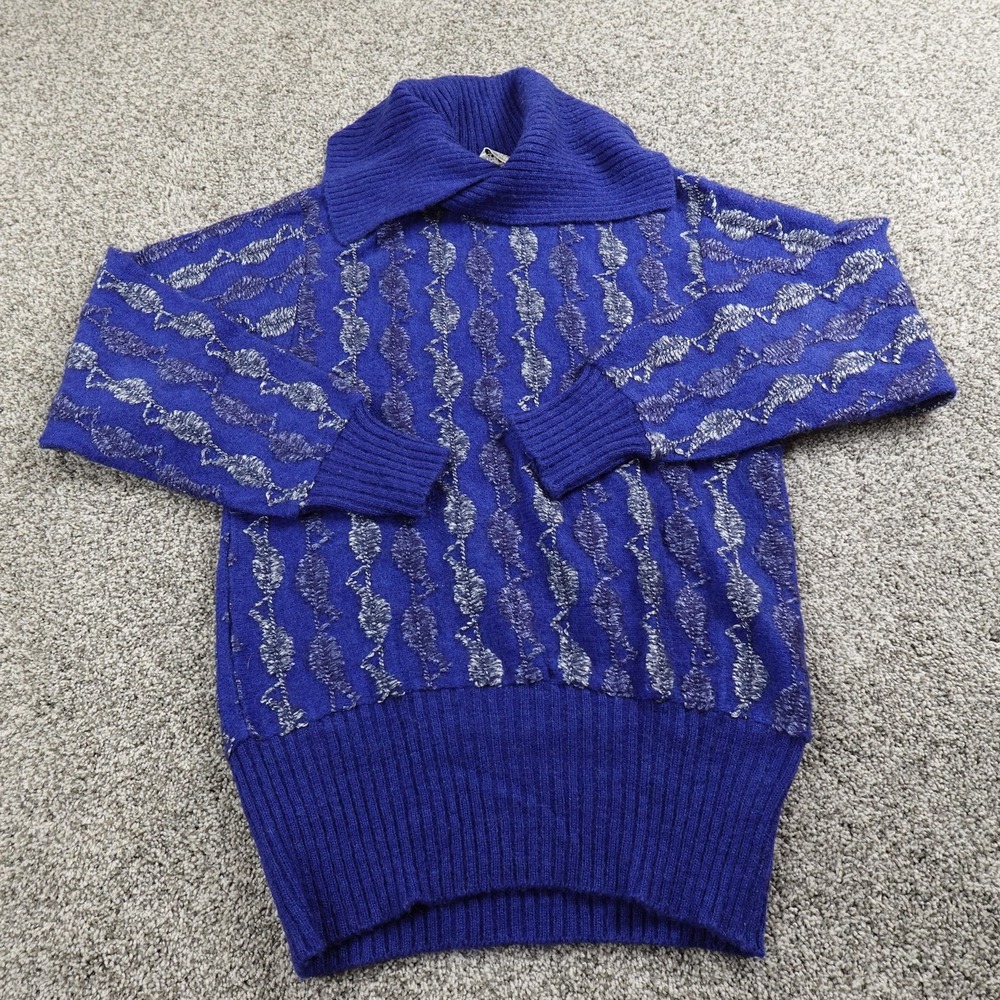 VTG Cosby Sweater Womens M Blue Wool‎ Abstract 3d Knit Pullover Shawl Italy 80s